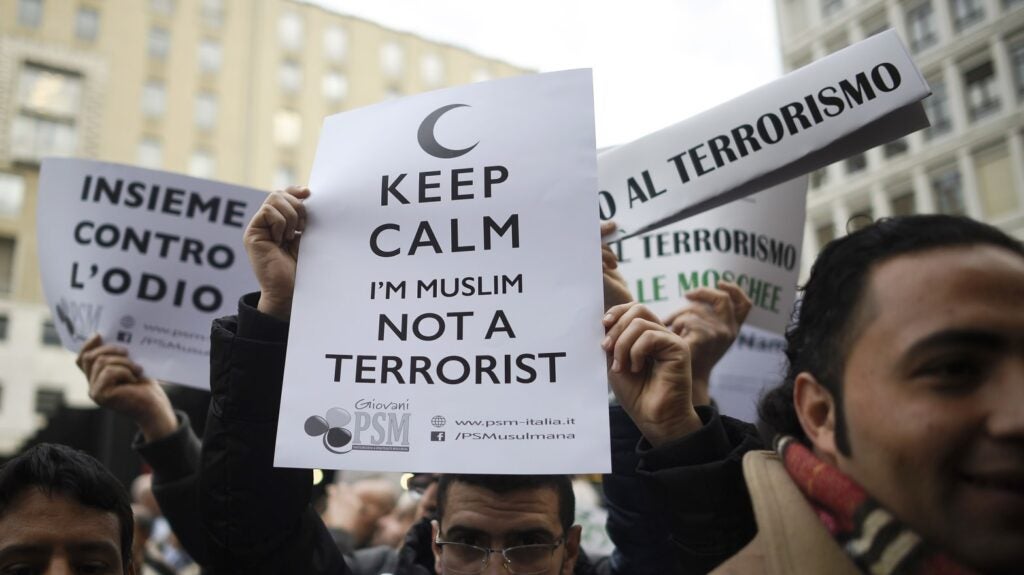      [The #Notinmyname Muslim March Against Terrorism In Italy, 2015. Photo Credit To The Daily Beast]