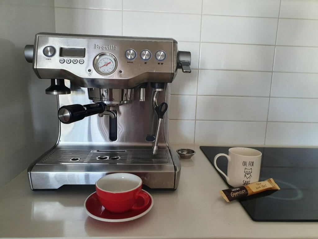 Image: His coffee set up (left) v.s. my coffee set up (right).