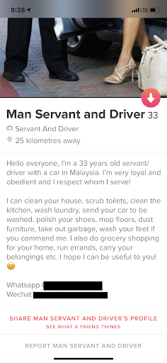 Manservant and driver Tinder profile screenshot
