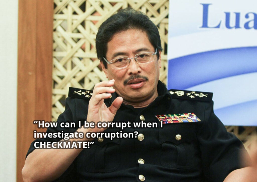 Azam Baki saying: "How can I be corrupt when I investigate corruption? CHECKMATE!"