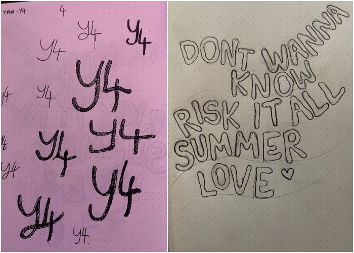 Collage of Azarikh's sketchbook full of his doodles for the project he did with Yuna. One of the doodle reads: "Dont wanna know, risk it all, Summer love"