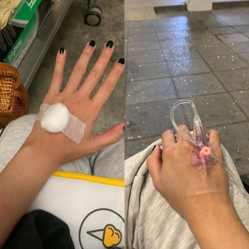 A collage of a woman's hands. The left hand has a bandage plastered on top of it while the right is pricked with a butterfly needle.