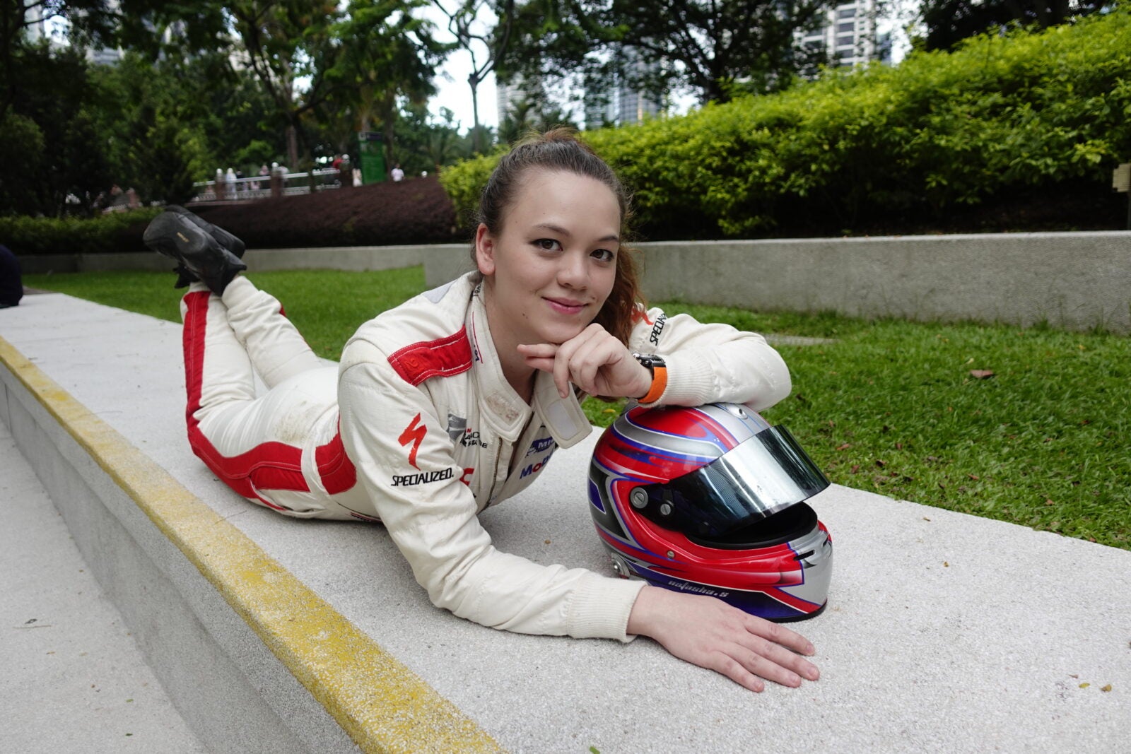 Natasha Seatter posing with her racing helmet.