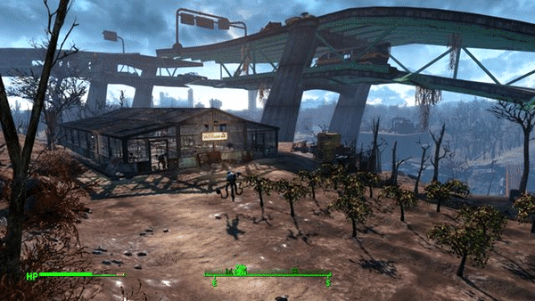 A gif of scenic view in the video game, Fallout 4.