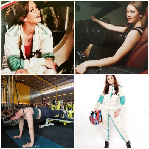 A collage of Natasha Seatter, a Malaysian racer, modelling for several photoshoots and one where she is at the gym. 