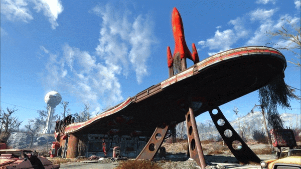 A gif of scenic view in the video game, Fallout 4.
