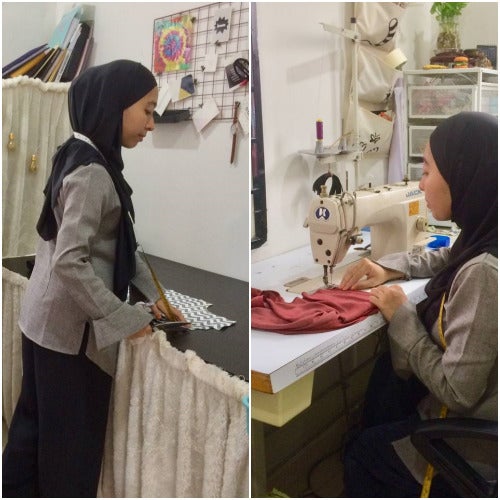 Collage of a seamstress, Shaff Ariffin, at her work station where a sewing machine sits.