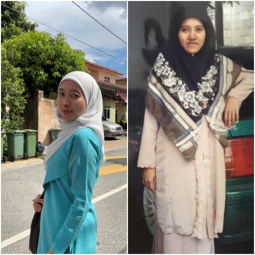 Collage of Shaff Ariffin (left) and an old picture of her mother (right)