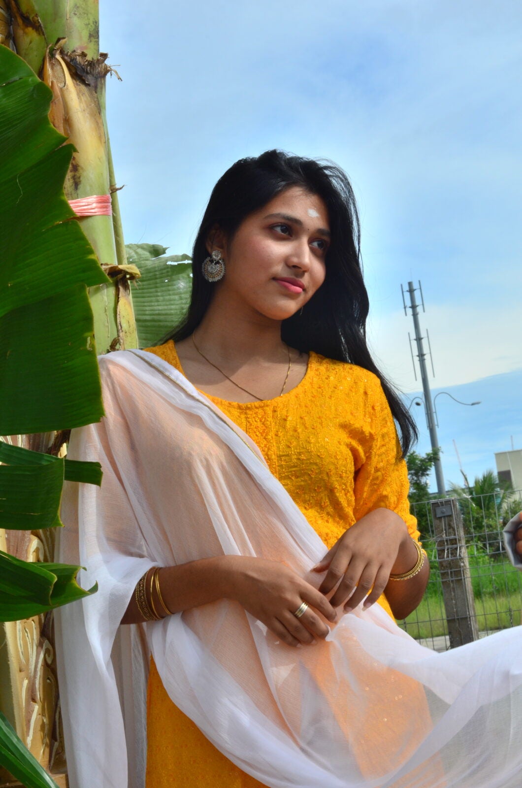 A beautiful young Indian woman posing in her Deepavali outfit.