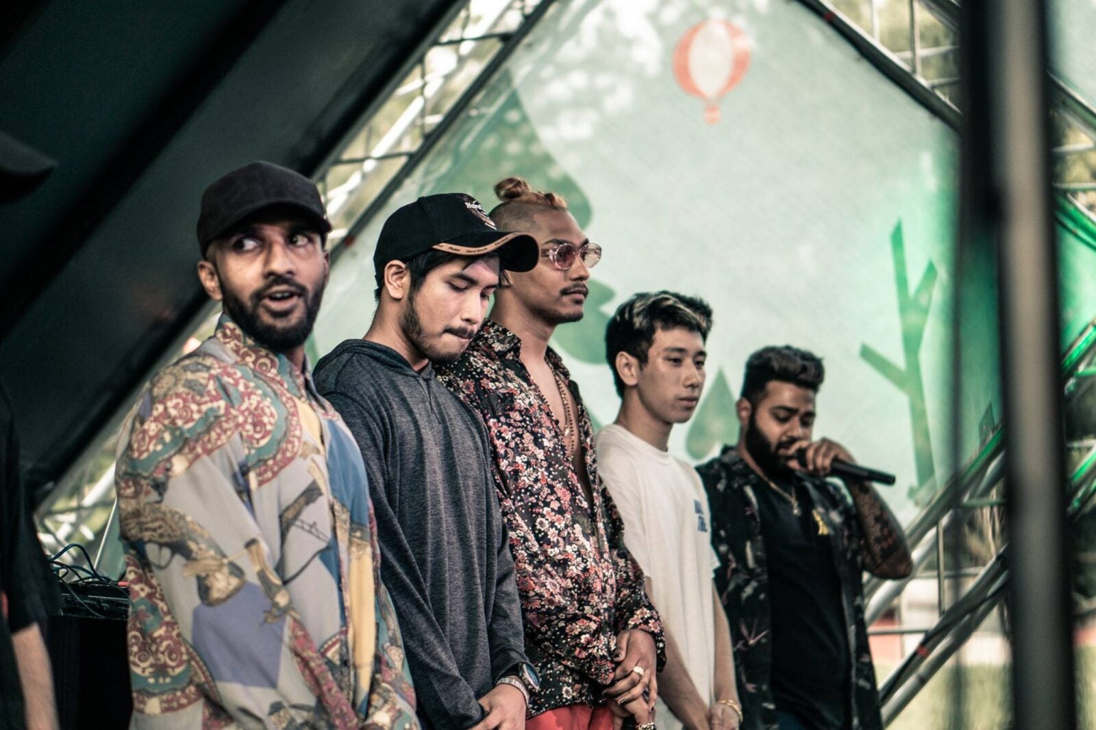 Five men standing on stage at Good Vibes Festival, 2018. They are from Mass Music Studios.