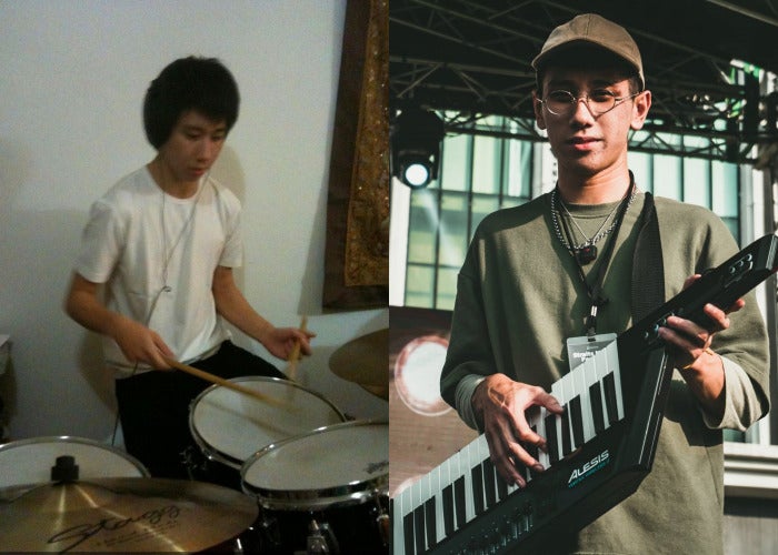 Collage of Yue Wai Ming, left is when he was 18 years old playing the drums, and on the right is when he was 25 years old, holding a keytar.
