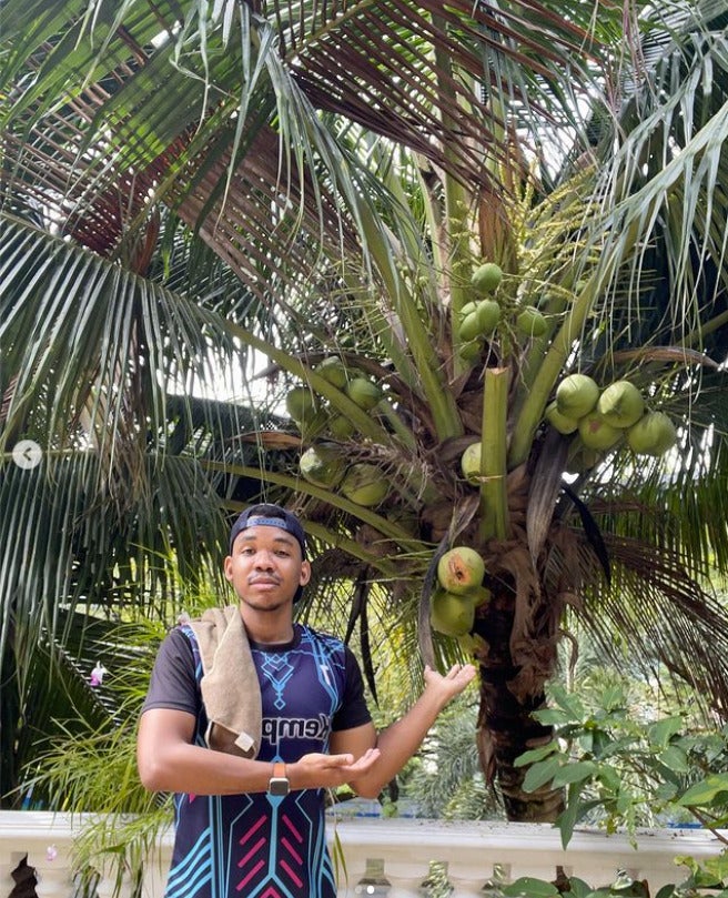 Adam Eji, A Malaysian Man, standing infront of a coconut tree.