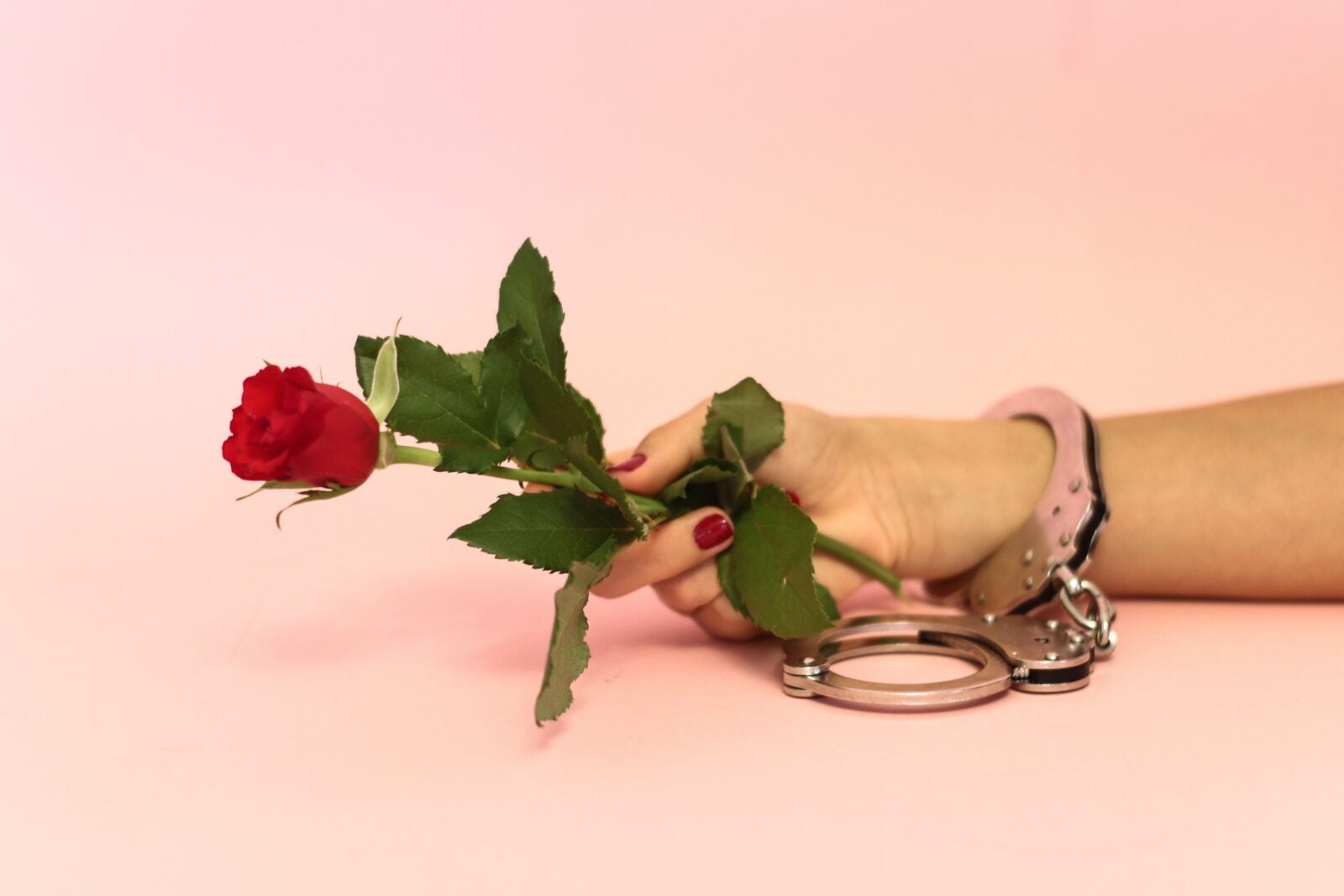 A woman's hand with red painted nails and a handcuff locked at her wrist holding onto a rose stalk.