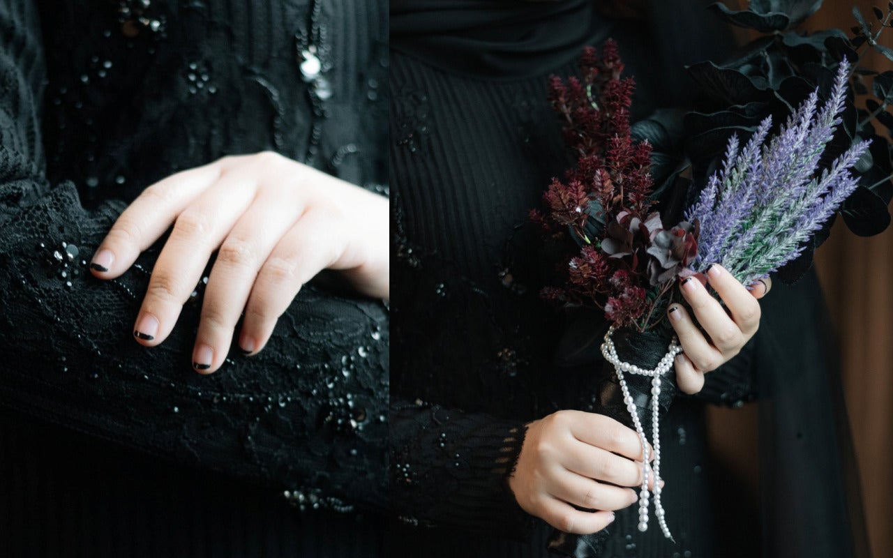 A collage of hands showing black tip french nails and a floral bouquet of lavender and dark red flowers wrapped  with a pearl string.