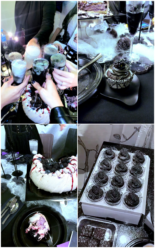 A collage of foods and drinks that are gothic-themes with black being the main colour.