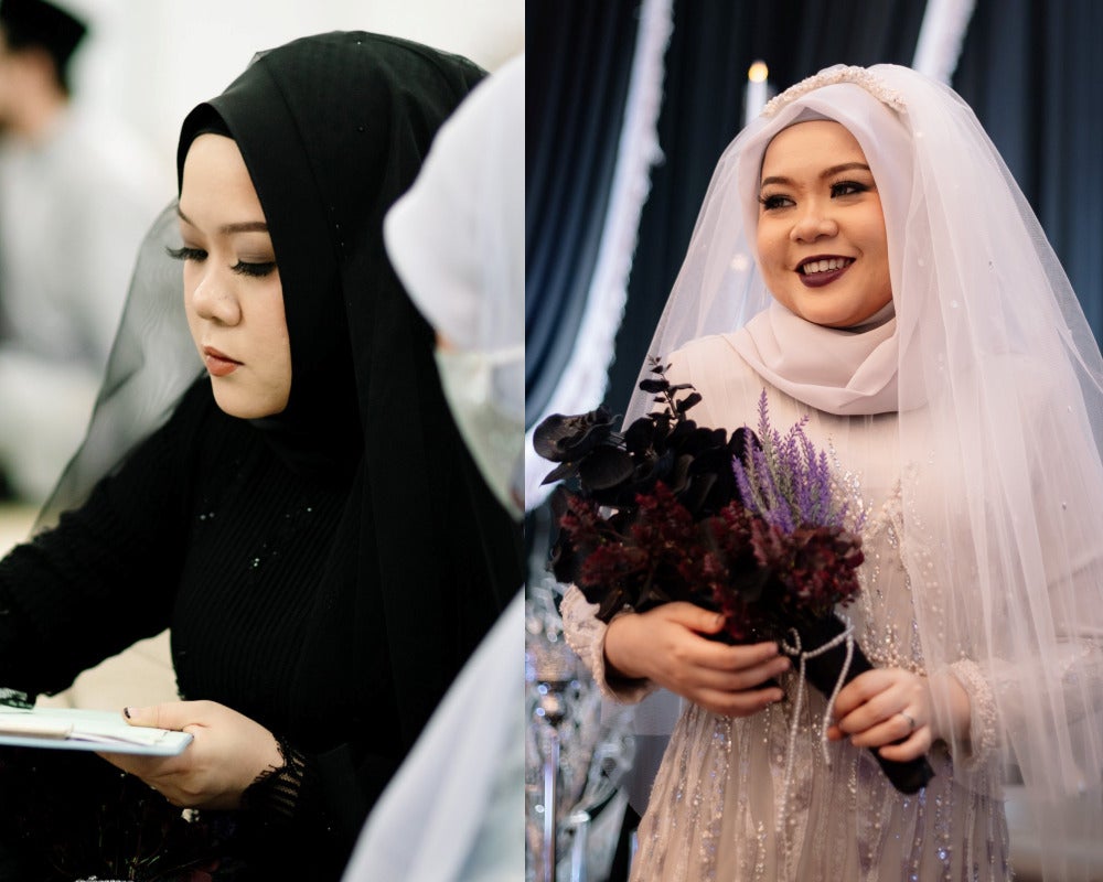 A collage of a woman wearing the hijab and wearing simple dark makeup for her wedding.