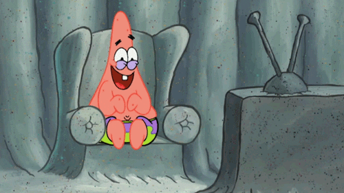 Short clip of the cartoon TV series, Spongebob Squarepants where Patrick is laughing at a television screen showing nothing.