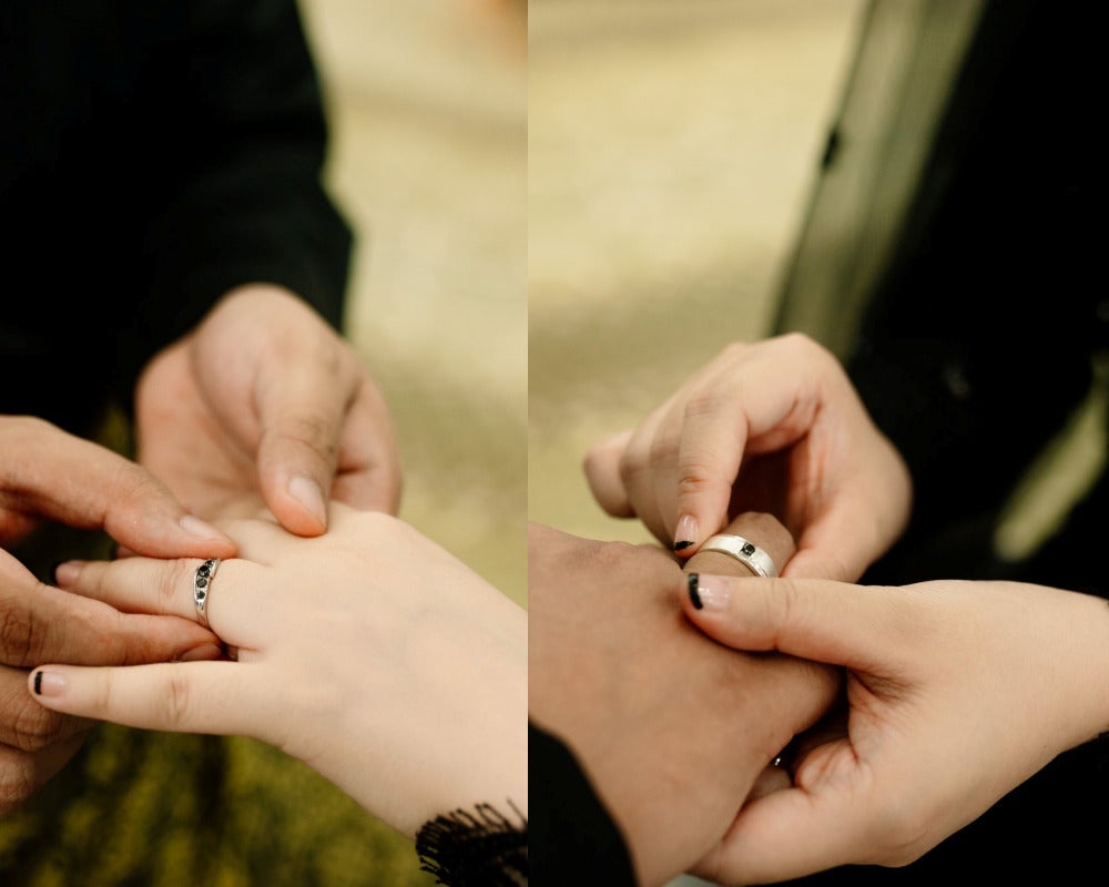 A collage of a couple putting their wedding rings on their partner's hands. The rings are decorated with black jewels. 