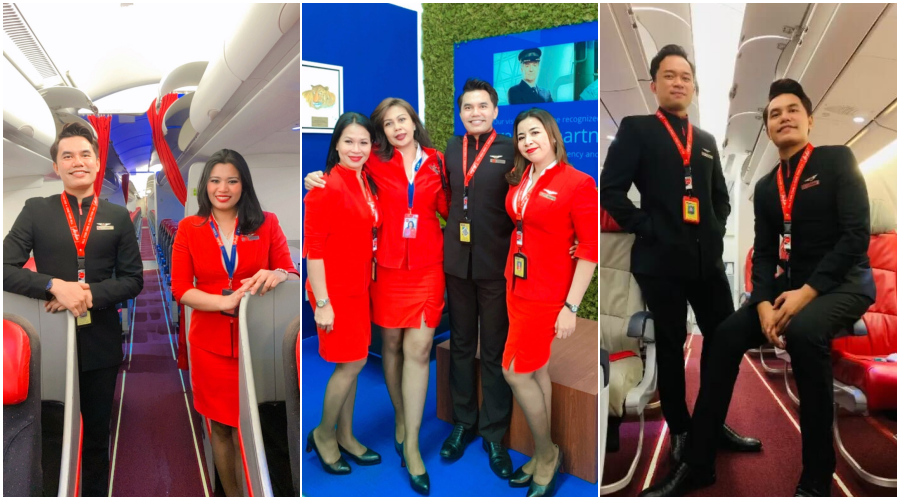 Three pictures that are collaged together. In each of them, Erween is posing with other flight crews in the plane. 