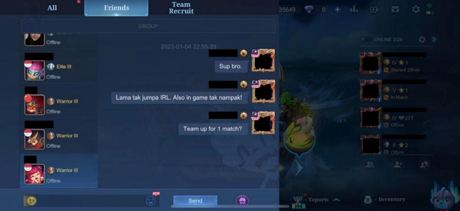 Screenshot shows a chat message sent by the storyteller. Translated, the message reads: Hey. Haven't seen you in real life. I also never see you in game anymore! Team up for 1 match?