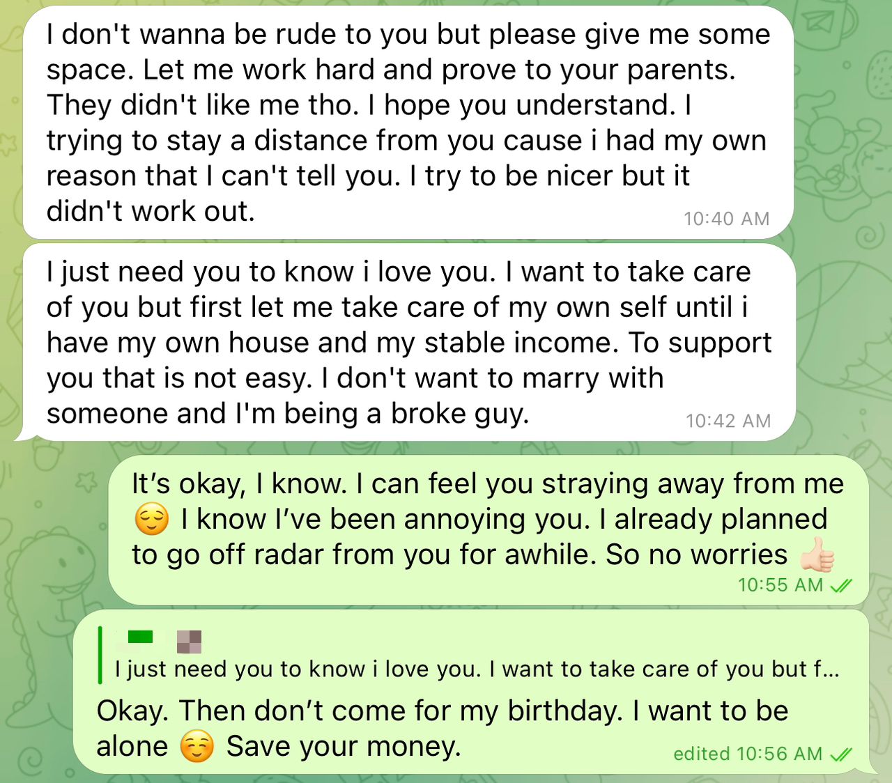 Whatsapp chat screenshot of a man asking for space from his girlfriend.