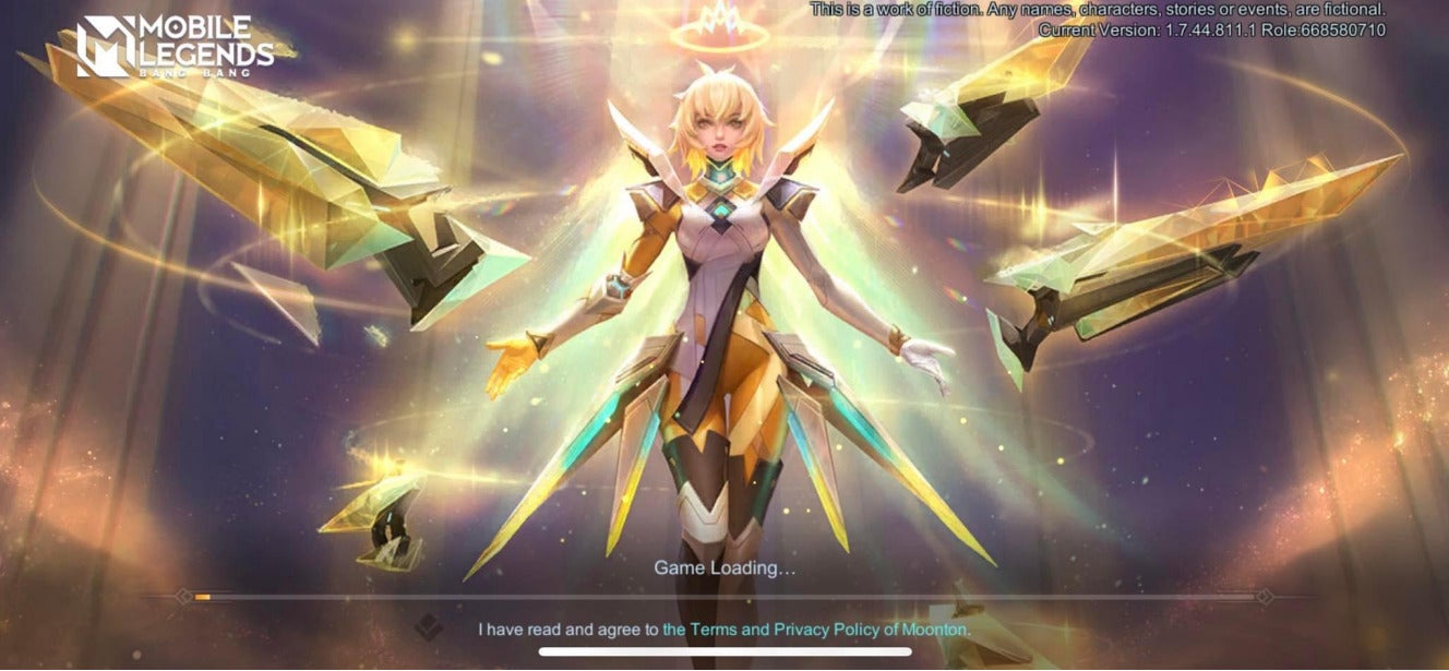 Image shows a character from a game known as Mobile Legends Bang Bang. The character has her arms outstretched beside her hips and floating broadsword around her.