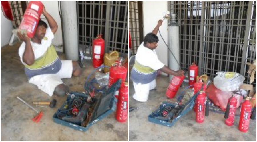 A Collage Of Mogan Subramaniam In Front Of His Rental Home, Together With All The Fire Extinguishers That He Is Selling To Sustain Himself.
