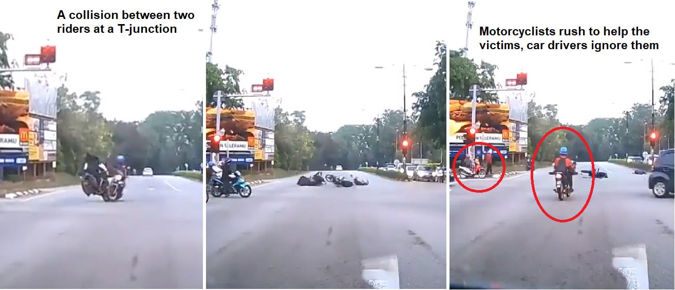 A Collision At A T-Junction, Motorcyclists Rush To Help Them, Car Drivers Ignore Them