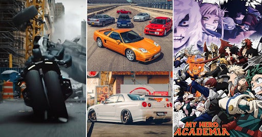 Images From Left: The Batcycle From An Upcoming Dc Movie, Jdm Cars Such As Nissan And Honda, And A Poster From The Anime, My Hero Academia.