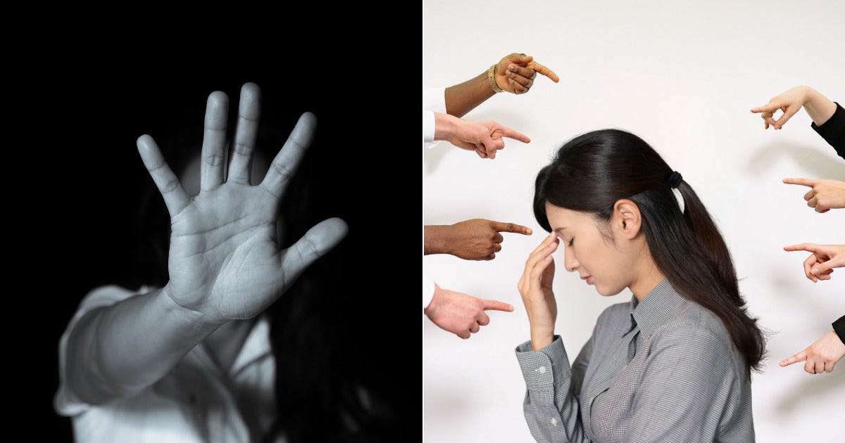 Two Picture, Left: A Black And White Of A Person Holding Their Hand Out To Shield Themselves. Right: A Woman Pinching Her Forehead While Multiple Hands Point Their Finger At Her From The Sideview