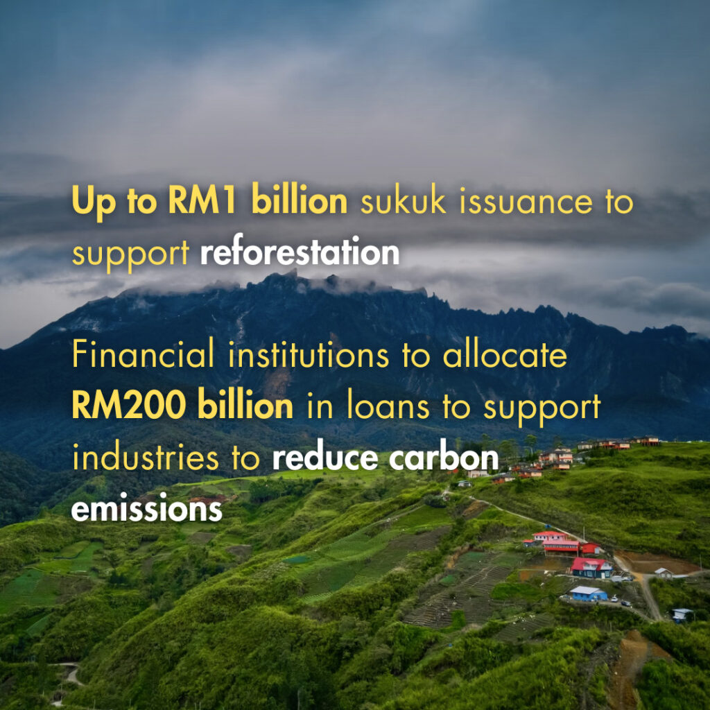 Financial Institutions To Allocate Rm200 Billion In Loans To Support Industries To Reduce Carbon Emissions. Up To Rm1 Billion Sukuk Issuance To Support Reforestation. Rm60 Million To Increase The Number Of Community Rangers To Protect Permanent Forest Reserves Against Loggers And Poachers. Rm200 Million For The Ecological Fiscal Transfer For Biodiversity Conservation.
