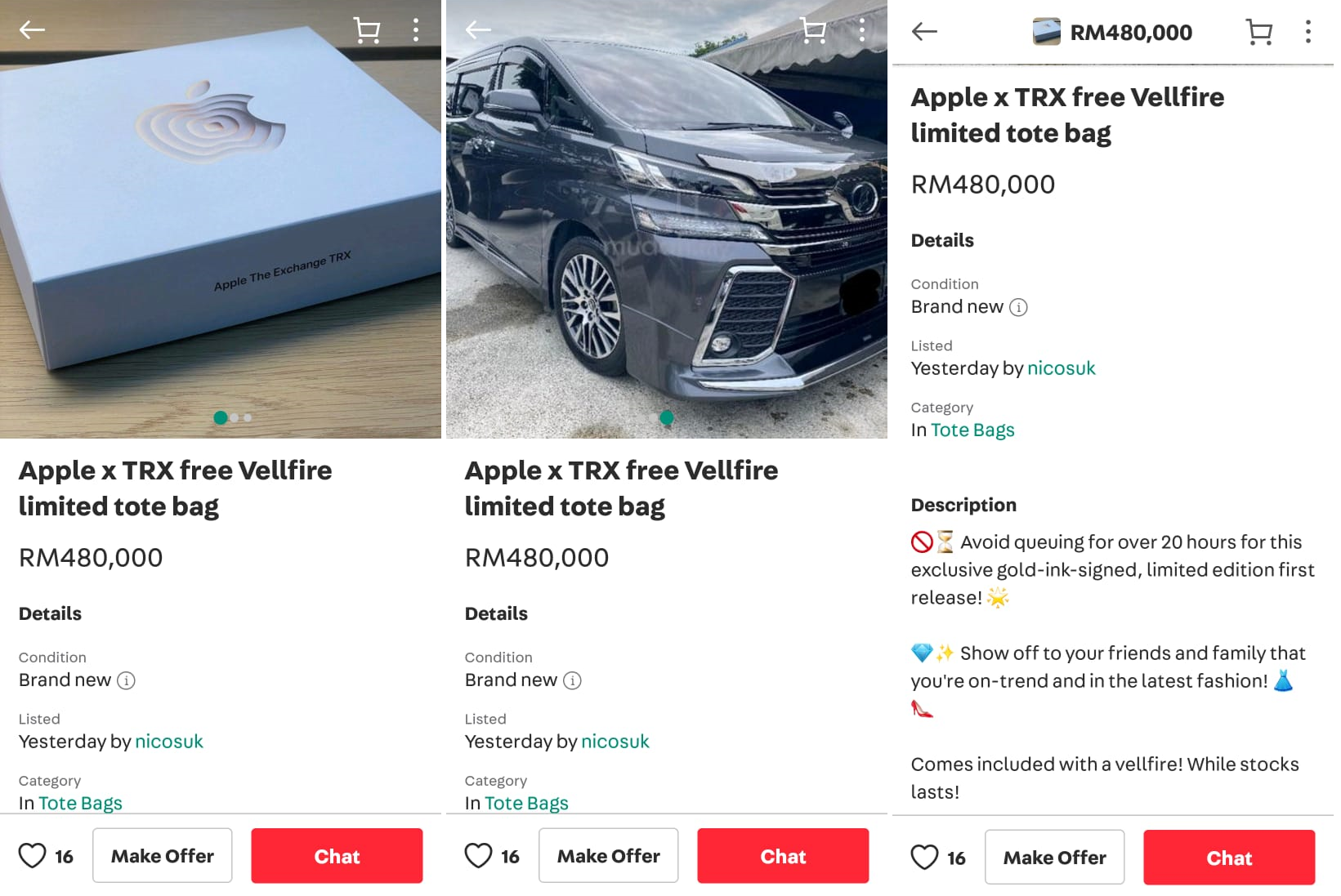 Msian Seller Casually Throws In A Toyota Vellfire With Rm480000 Apple Tote Bag Listing