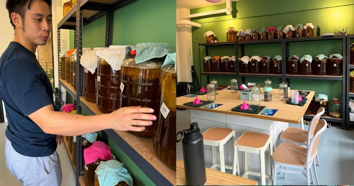 Bryan (left) shows IRL the rows and rows of jars of kombucha in their shop. They sometimes do “Make your own Kombucha” workshops as well.